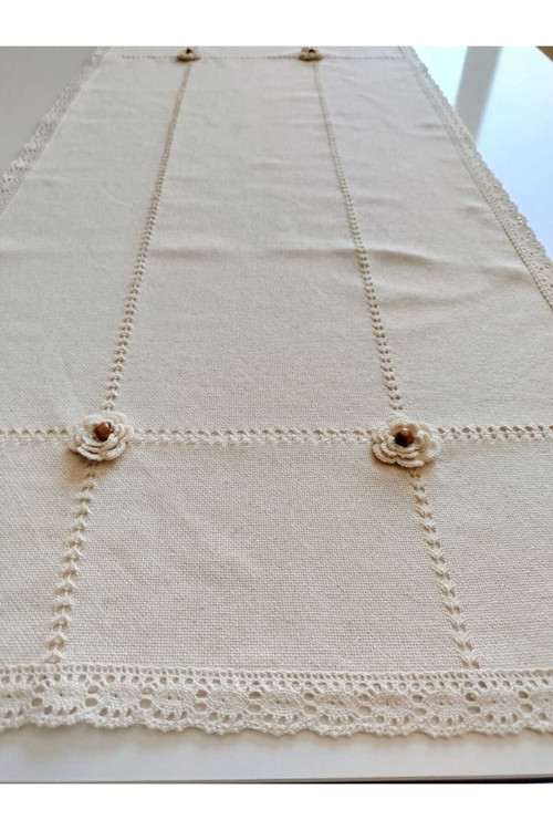 El İşi 3 D Güllü Ve Antika İşli Naturel Otantik Doğal Keten 50X105 Cm Runner