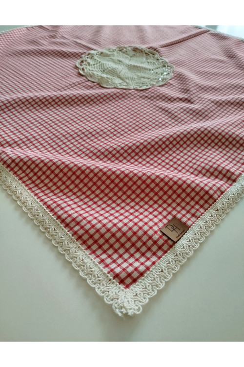 Organik Ham Keten Kırmızı Poti Kareli El İşi Nakışlı Masa Örtüsü