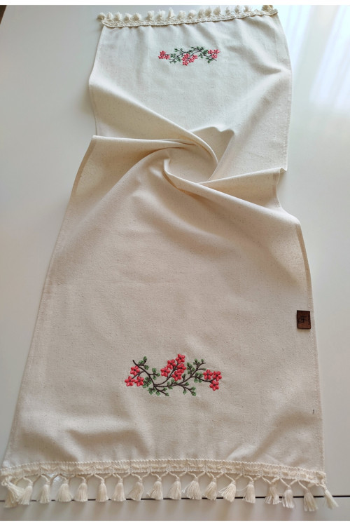 Nakışlı Otantik Organik Saçaklı Yumuşak Keten Runner 47X120 Cm