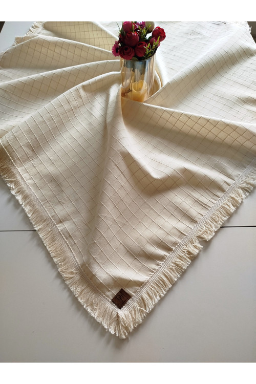 %100 Pamuk Buldan Monica Keten Kumaş Püsküllü Jüt Aksesuarlı Bohem Masa Örtüsü