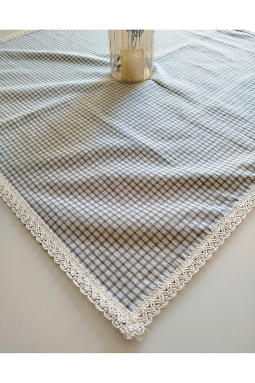 Organik Keten %100 Pamuklu Yumuşaçık Kolay Ütü Krem Güpürlü Gri Kareli Masa Örtüsü