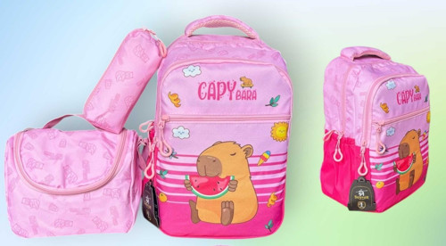 Pembe Capybara İlkokul Çantası + Beslenme Çantası + Kalemlik (3 Parça)