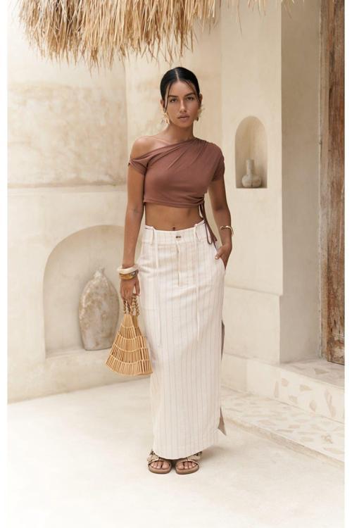 Arya Vizon Çizgili Bej Etek