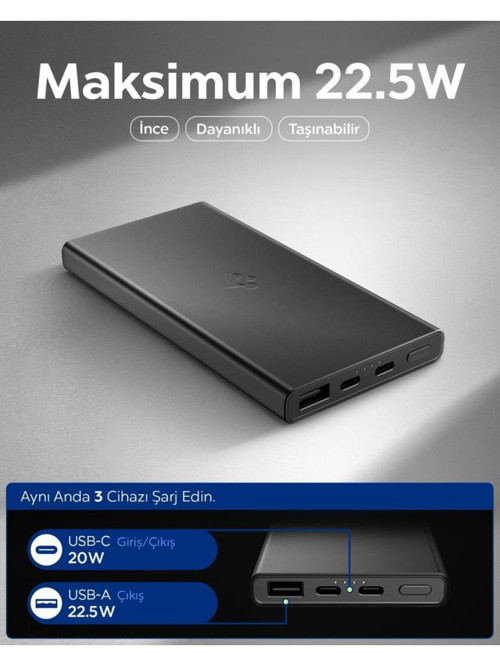 Spigen 10000 mAh Slim Alüminyum Kasa 22,5W USB-C + USB-A Giriş / Çıkış Hızlı Şarj 3 Portlu Powerbank / 1 Metre Type-C Ha 3