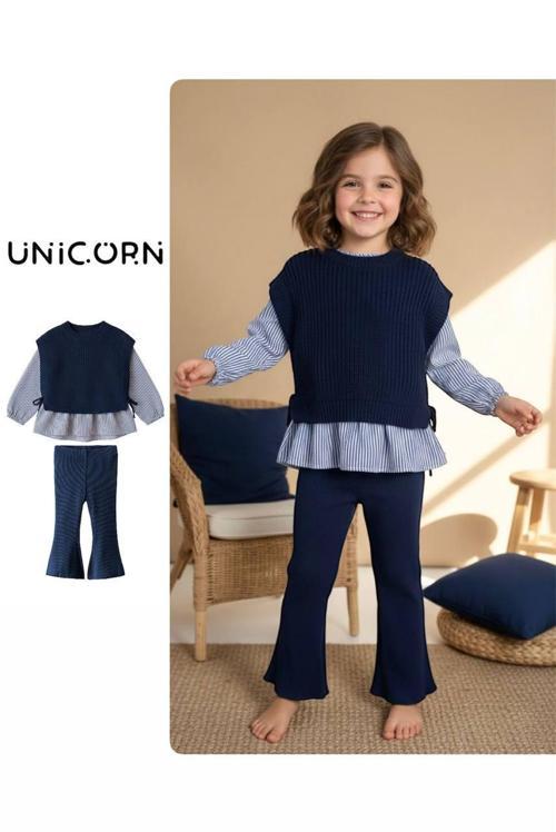 Lacivert Fırfır Detaylı Kombin Takım – Örme & Gömlek Kumaş Üst + Boru Paça Alt