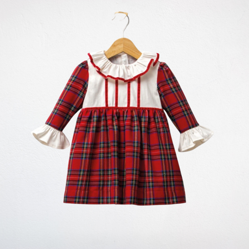 Kırmızı Ekose Astarlı Kız Bebek Elbisesi – Fırfırlı Yaka Detaylı