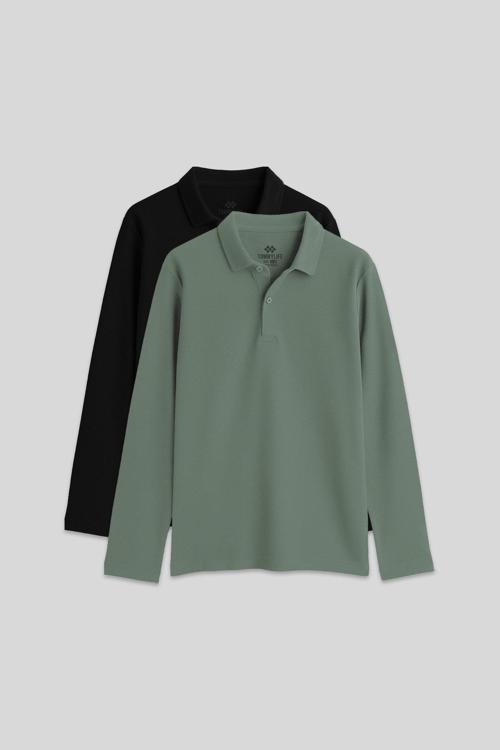 Basic Polo Yaka 2li Paket Siyah-Çağla Unisex Çocuk T-Shirt - 11170