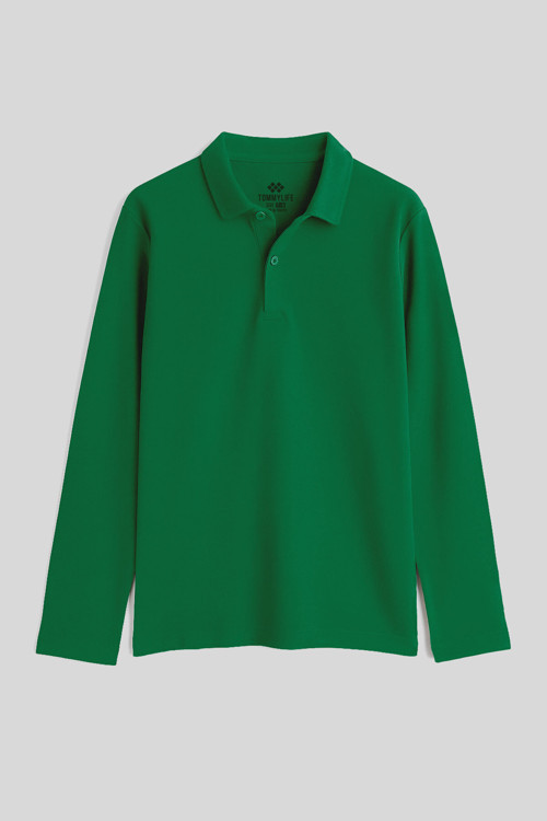Yeşil Polo Yaka Basic Uzun Kollu Unisex Çocuk T-Shirt - 11170