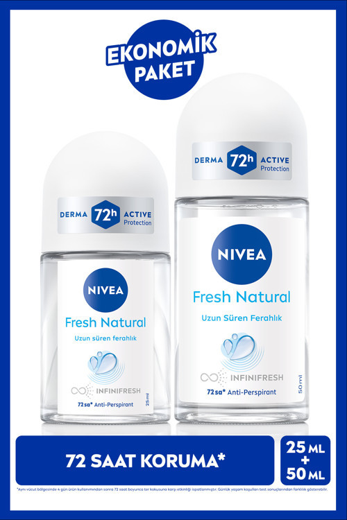 Kadın Roll-on Deodorant Fresh Natural 50 ml ve 25 ml,72 Saat Antiperspirant Koruma,Ekonomik Boy