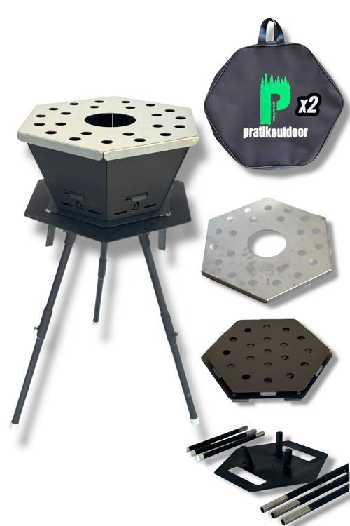 Altıgen Şömine & Katlanır Ateş Çukuru Ve Mangal Seti (Ateş Çukuru + Izgara + Ayak Standı)