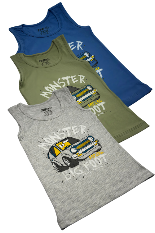  Erkek Çocuk 3 lü Paket Pamuklu Likralı Baskılı Atlet 133 