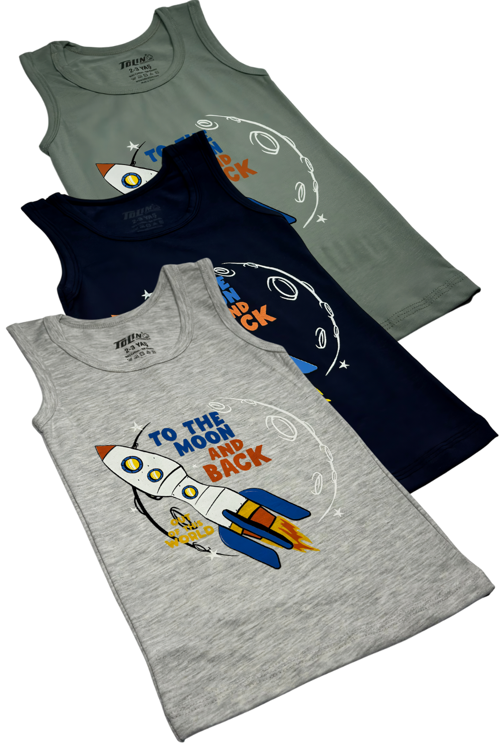  Erkek Çocuk 3 lü Paket Pamuklu Likralı Baskılı Atlet 133 