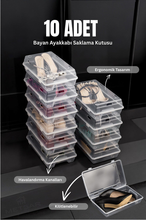 10’Lu Şeffaf Kadın Ayakkabı Saklama Kutusu – Hava Delikli, Istiflenebilir Organizer