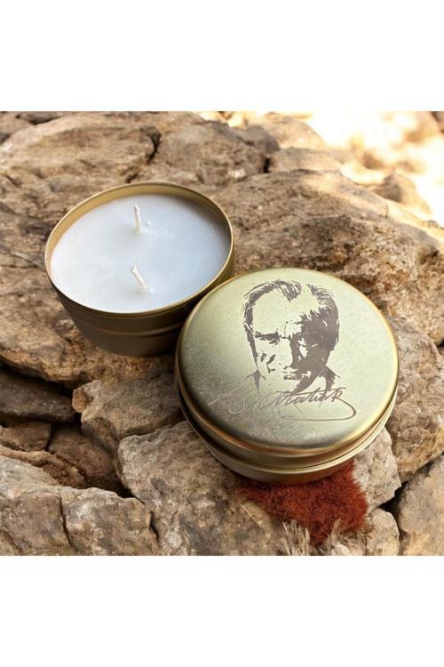Atatürk İşlemeli Dekoratif Hediyelik Soya Mum(Wax) Metal Kutulu %100 Doğal Soya Mum , El Yapımı
