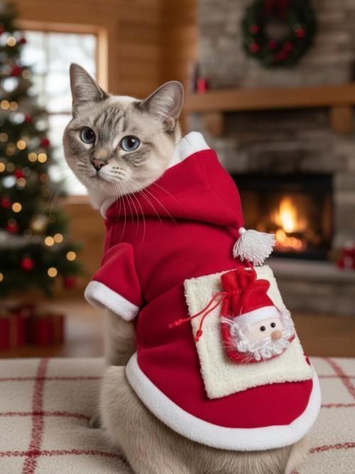 Santa's Bag Yılbaşı Kedi Kıyafeti Premium Kırmızı Polar | Kapüşonlu Noel Kedi Kostümü | Kurabiye Temalı