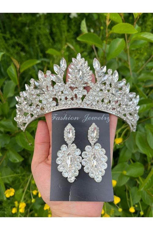 Beyaz Gelin Tacı Seti  Kristal Taşlı