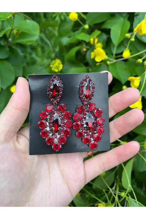 Bordo Kristal Taşlı Gelin Tacı Ve Küpesi