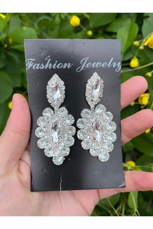 Beyaz  Kristal Taşlı Gelin Küpesi