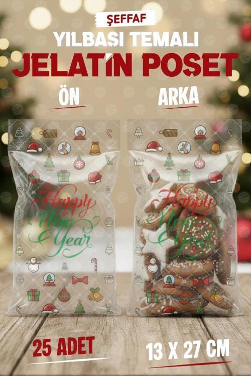 Yılbaşı Yeni Yıl Temalı Kurabiye Çikolata Şeker Hediye Poşeti 13x27cm 25 Adet Bantsız Şeffaf Poşet Jelatin-T1521