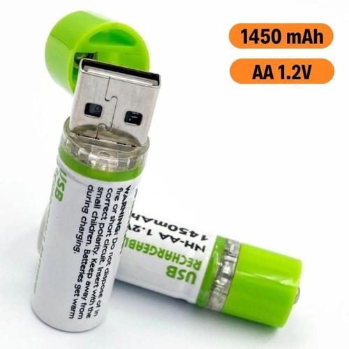 ® USB Şarjlı 1450mAh AA 1.2V Lityum Kalem Pil – 2’li Set, Tekrar Şarj Edilebilir Uzun Ömürlü D