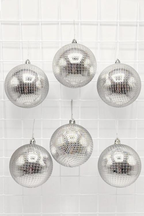 Yılbaşı Çam Ağacı Süsü Parlak Gümüş 8 Cm Figürlü Parlak 6lı Cici Top