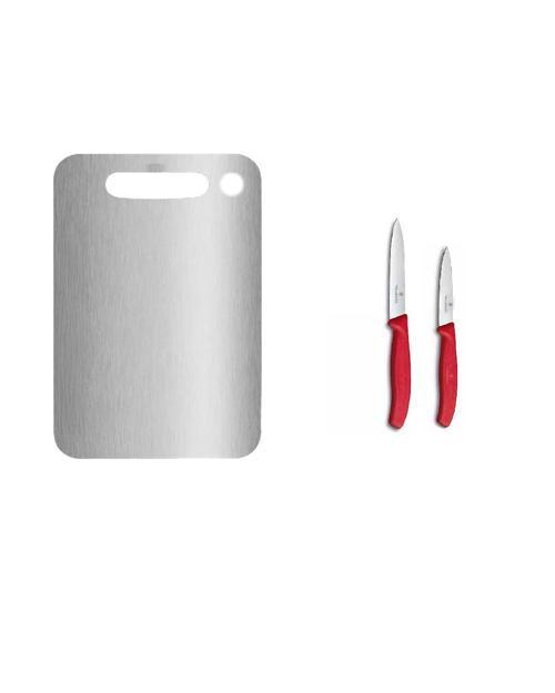 Çelik Kesim Panosu ve Victorinox Kırmızı Düz Soyma Bıçağı 2'li 8 CM ve 10 CM