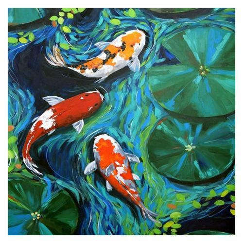 Çerçeveli Renklerin Balıklar Kanvas Sayılarla Boyama Seti Kasnaklı 40cm x 50 cm