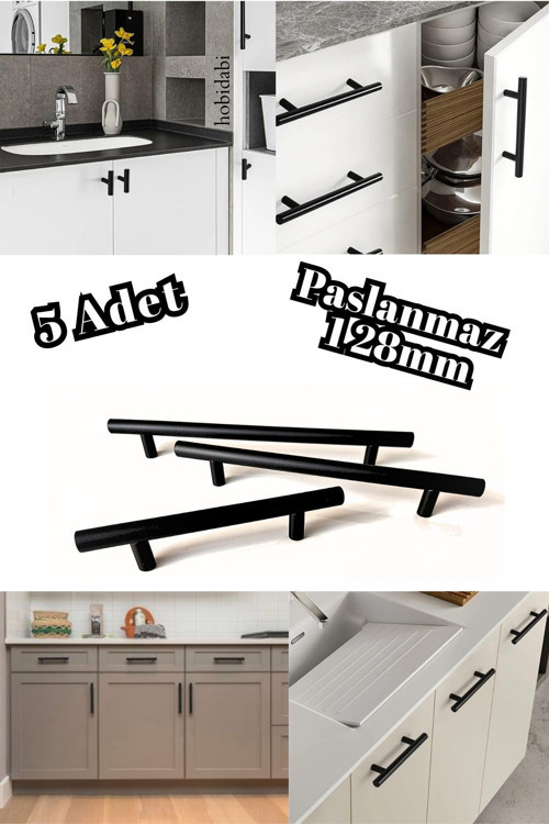 128 Mm Paslanmaz Siyah Kulp 5 Adet Mobilya Çekmece Vestiyer Mutfak Dolap Kulbu 4251