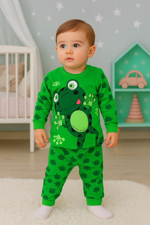 Kurbağa Baskılı Kız Erkek Çocuk Pijama Takımı , Kurbağa Desenli Unisex Pijama Takım