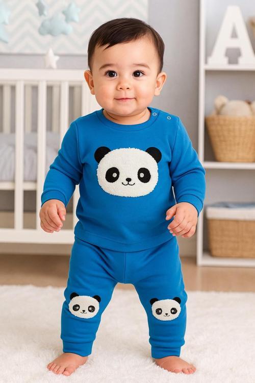 Panda İşlemeli % 100 Pamuklu Penye Bebek Pijama Takımı