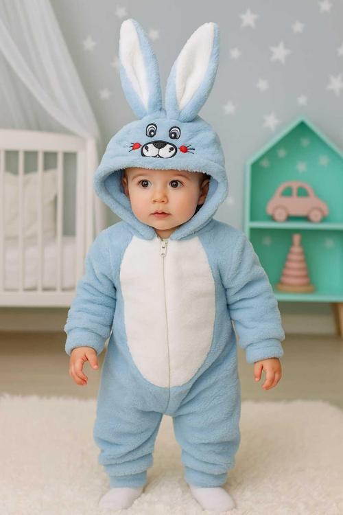 Erkek Çocuk Welsoft Peluş Mavi Tavşan Kulaklı Kostüm Kışlık Uyku Tulumu Bilgetrend9798