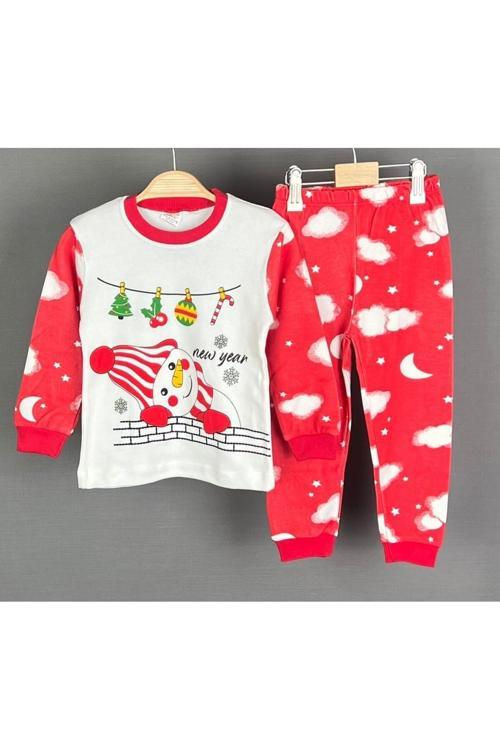 Uyuyan Kardan Adam Baskılı Yeni Yıl Noel Yılbaşı Temalı Kız Erkek Çocuk Bebek Pijama Takımı