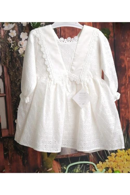 Kız Bebek Çocuk, Şal Yaka Uzun Kol Beyaz Dantel Elbise, Doğum Günü, Düğün, Bayramlık, Parti Elbisesi