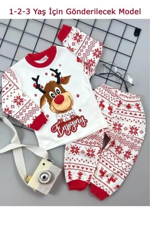 Yılbaşı Noel Yeniyıl Etnik Desen Geyikli Çocuk Pijama Takım 1 2 3 4 5 6 7 8 9 Yaş Btgpt1