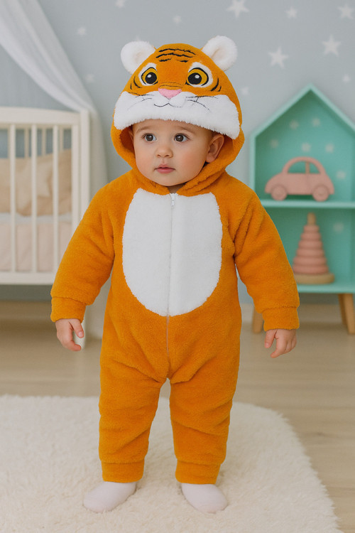 Kız Erkek Çocuk Welsoft Peluş Kaplan Nakışlı Kapüşonlu Tulum , Uyku Tulumu Bilgetrend 10919