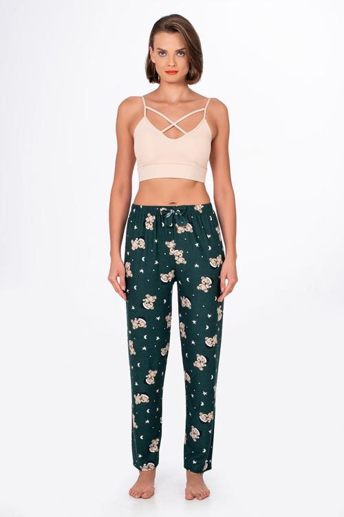 Kadın Süet Ayıcık Desenli Pijama Tek Alt – Yeşil