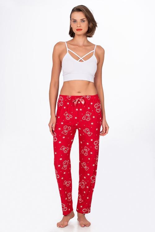 Kadın Süet Kırmızı Ayıcık Desenli Pijama Tek Alt