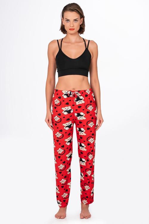 Kadın Süet Kalpli Ayıcık Desenli Pijama Tek Alt