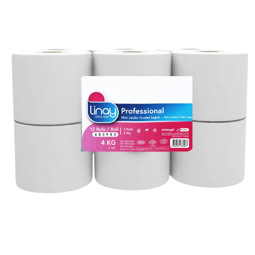 Mini Jumbo Tuvalet Kağıdı – 12 Rulo, 4 kg, 2 Katlı, 9.8 cm x 95 m, %100 Selüloz