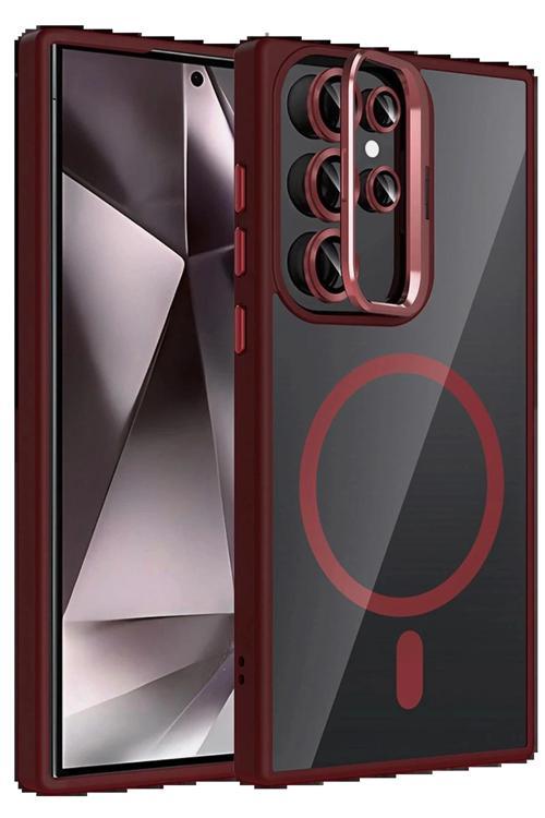Samsung Galaxy S23 Ultra Remim Lensli Magsafe Standlı Kapak - Bordo-(5796)