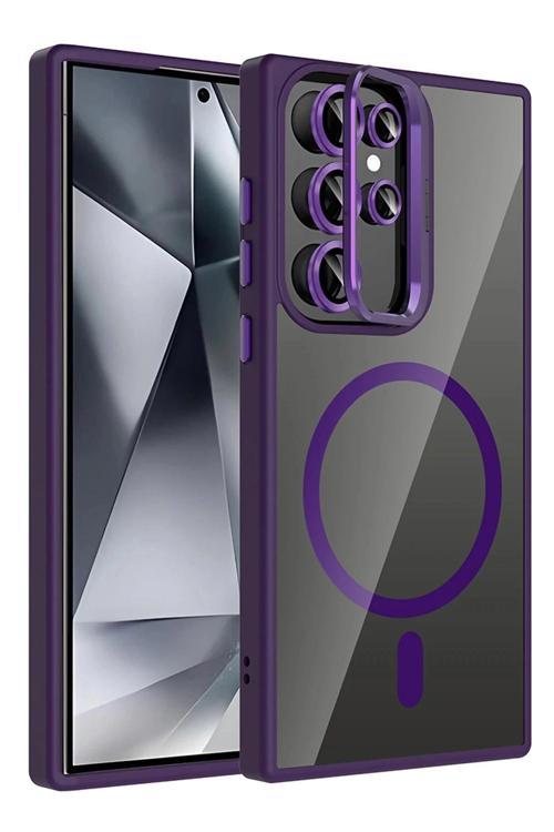 Samsung Galaxy S23 Ultra Remim Lensli Magsafe Standlı Kapak - Derin Mor-(5796)