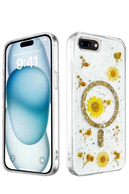 iPhone 7 Kılıf Daisy Simli Magsafe Kapak - Gold-(5796)