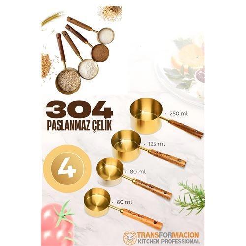 HSNET 4 lü Ölçü Kabı 304 Paslanmaz Çelik Masif Ahşap Saplı