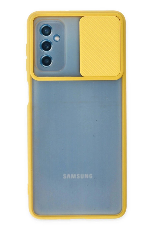 Samsung Galaxy M52 5G Kılıf Palm Buzlu Kamera Sürgülü Silikon - Sarı-(5796)