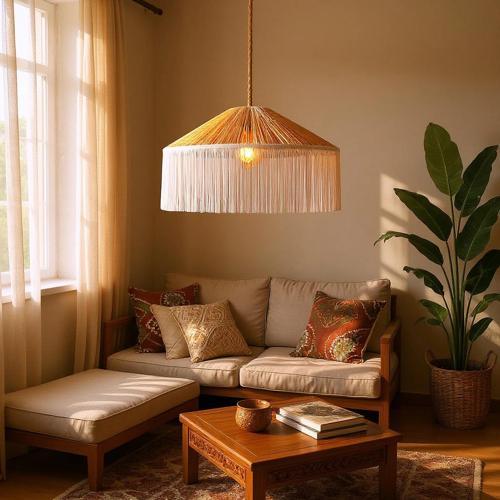 Japon Şapkası Rafya beyaz Püsküllü Avize çap 70