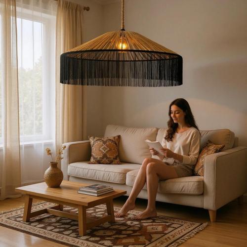 Japon Şapkası Rafya Siyah Püsküllü çap 100