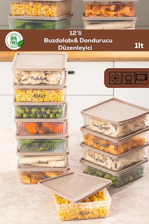 5308 12li Buzdolabı ve Difriz Düzenleyici Saklama Kabı Seti - BPA İçermez, Mikrodalga Uyumlu, Kapaklı, Gıda Saklama Kabı, Kapicino, 1 Lt
