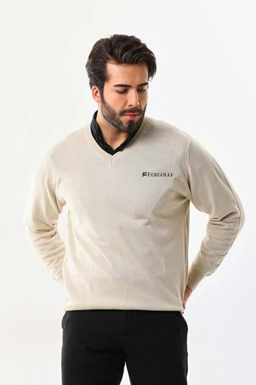 VF-Baskılı V Yaka Uzun Kol Dokuma Triko - Bej -