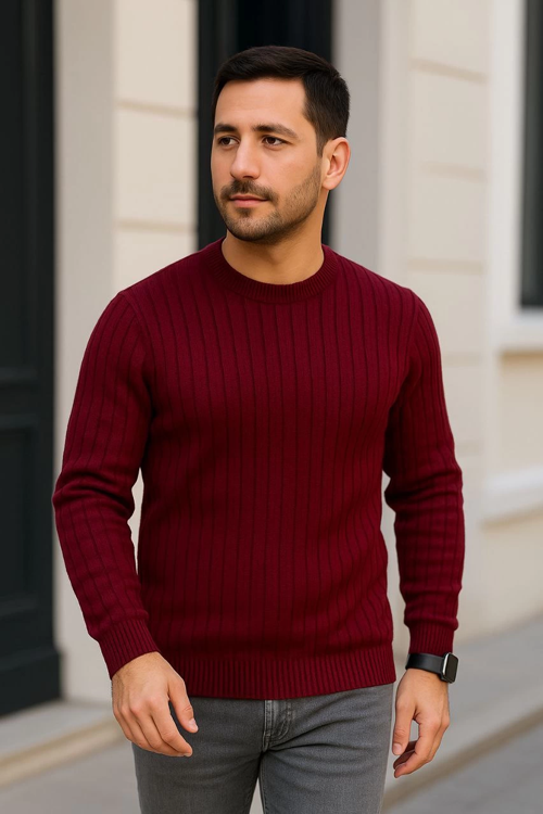 VF-Bisiklet Yuvarlak Yaka Triko Kazak Pamuklu Kalın Fitilli Dokuma, Regular Fit Uzun Kollu Kışlık Model - Bordo