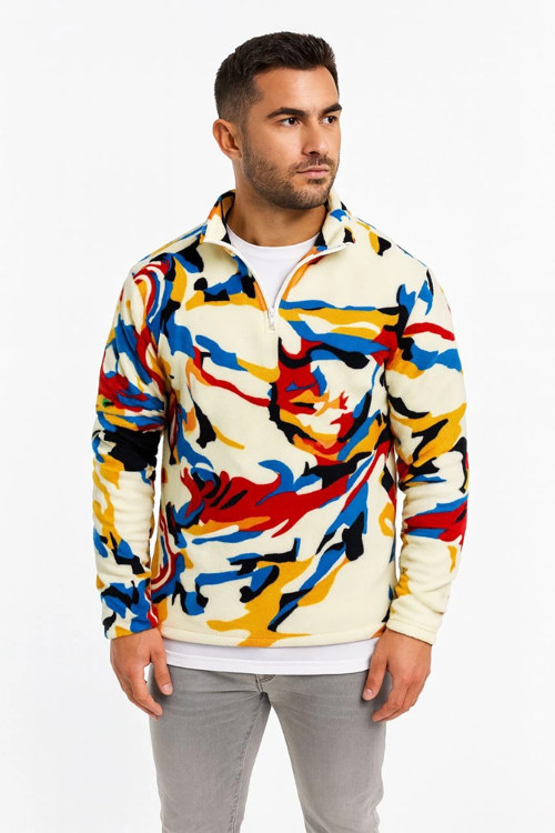 VF-Yarım Fermuarlı Desenli Polar Sweat  Beyaz -